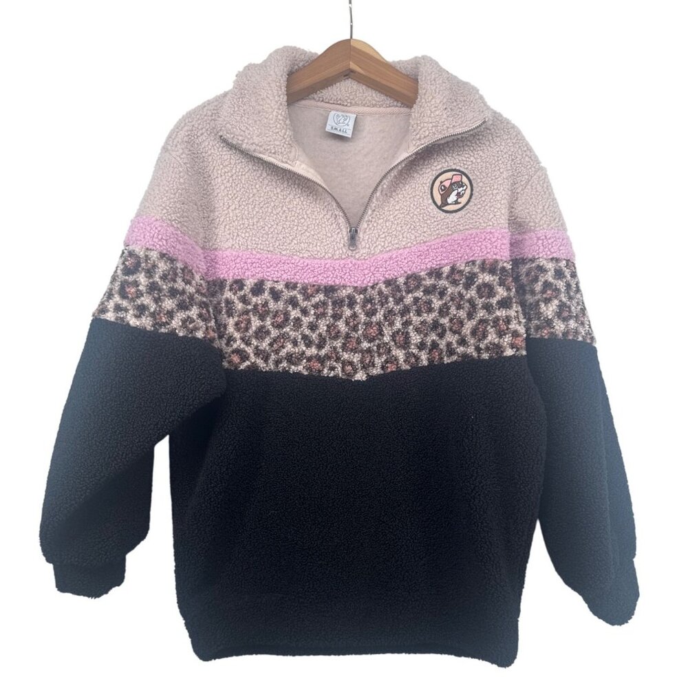 Buc-Ees Womens Popover Top Sz S Pink Leopard Black Ombre 1/4 Zip Fleece Sherpa